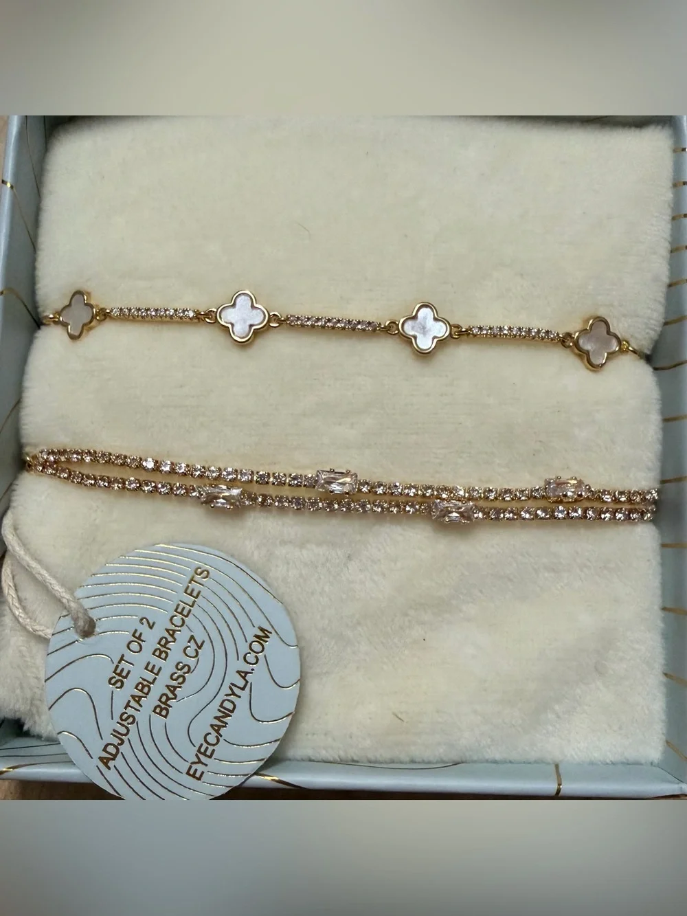 eye candy Gold Tone Mother-of-Pearl Clover & Crystal Chain Bracelet Set